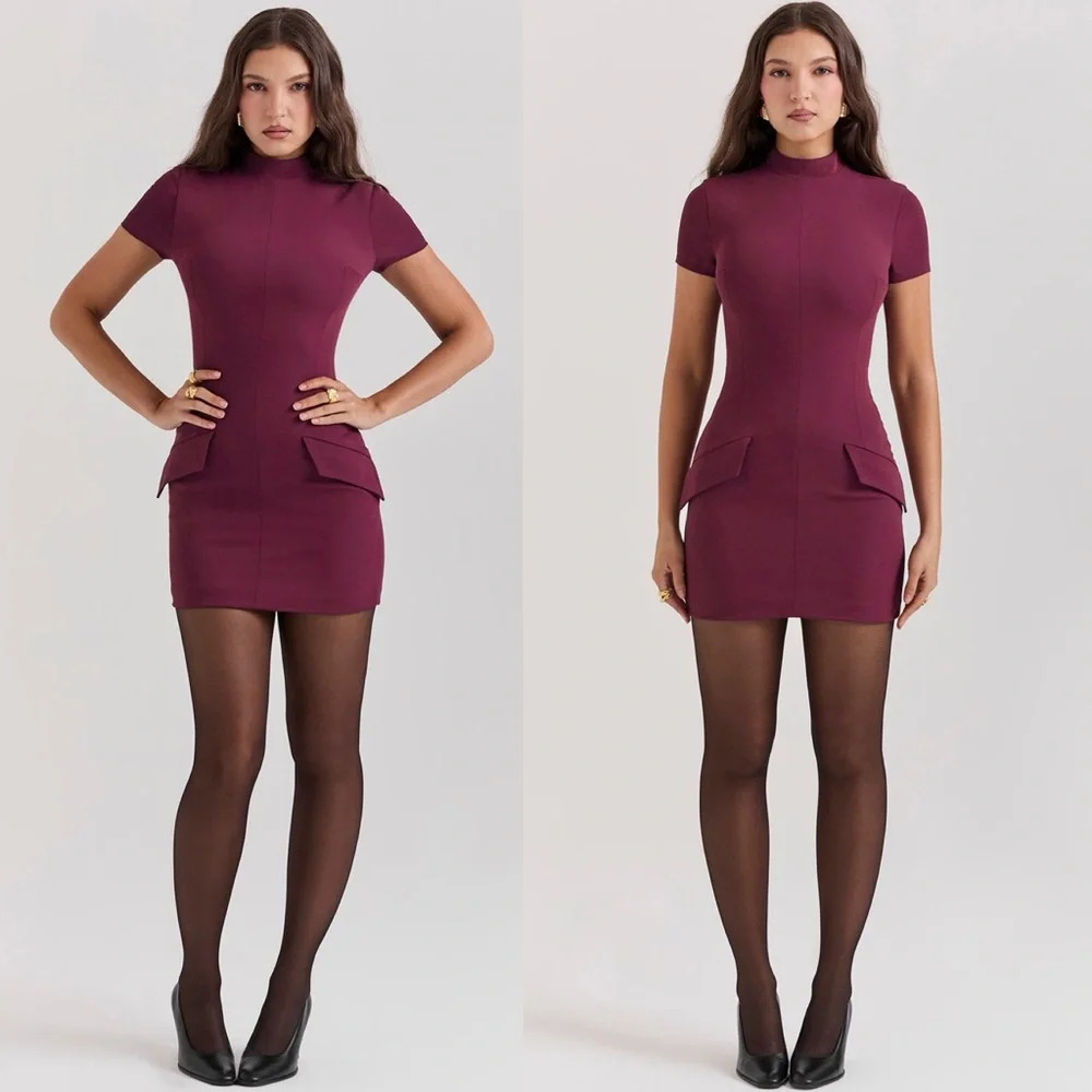 House of CB Alia Mulberry Mini Dress XL Tall Wine Burgundy Mock Neck Dress
